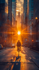 A lone biker riding down a city street lined with buildings casting crepuscular rays,generative ai