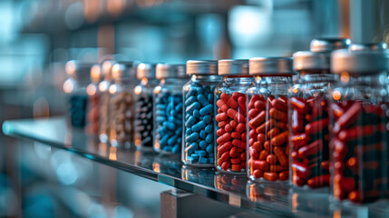 Transparent bottles filled with multicolored pills displayed on a pharmacy shelf, representing health care and medication. - obrazy, fototapety, plakaty