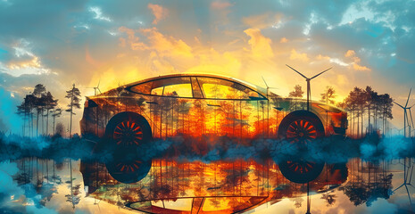 Double exposure photography, silhouette electric power car shape, mix with solar farm and wind...
