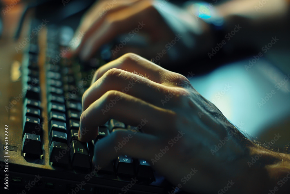 Poster a close-up shot of a person hands, standing and typing on a computer keyboard.