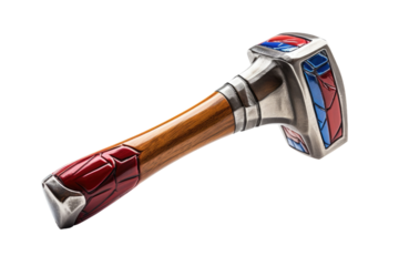 Vibrant Crimson & Cerulean Hammer With Rustic Wooden Handle.