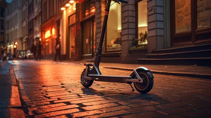 Ingelijste posters A  personal transport electric scooter parked on a bustling city sidewalk. © Ai Studio