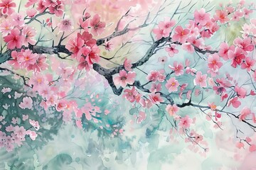 Dance of the Cherry Blossoms - Watercolor Illustration of Spring Bloom in a Serene Japanese Garden