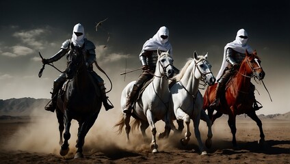 Horsemen of the Apocalypse - white for conquest, red for war, black for plague or famine, and pale for death - black background - desert landscape. AI generated