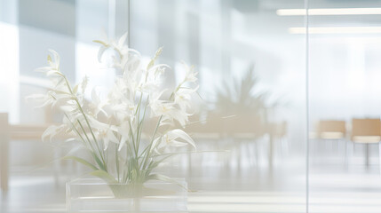 White office space with green plant. Greenery in the clean and bright corporate workspace.
