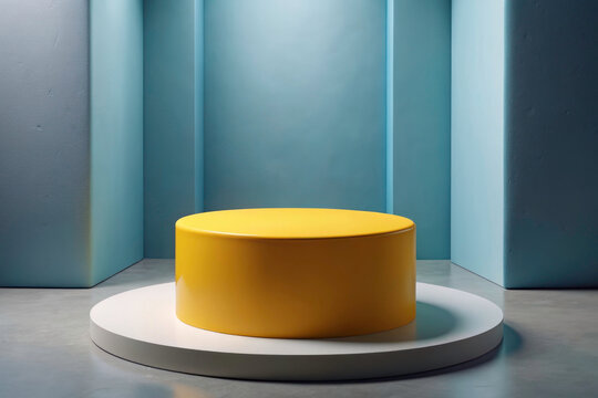 Immersive 3D Room: Realistic Yellow Cylinder Podium for Product Showcase Presentation