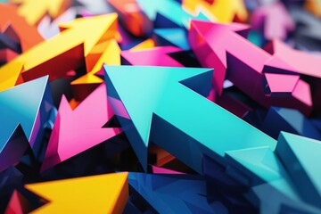 Dynamic arrows in vivid colors pointing towards success and growth, symbolizing motivation, progress, and achieving goals in an abstract 3D illustration