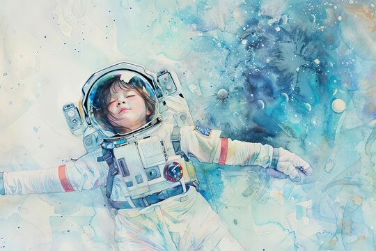 Dreamy watercolor painting of a girl in an astronaut costume playing against a blue wall, inspiring imagination - children's illustration