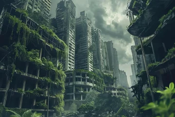 Fotobehang Dystopian Dreams Abandoned City Reclaimed by Nature, Digital Art Post-Apocalyptic Theme © furyon