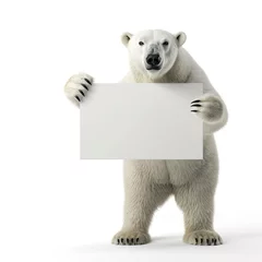 Foto op Canvas Polar bear holding white board on a white background. © Inventing Pixel. Inc