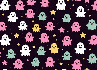 Obraz premium Halloween ghost seamless pattern background. Holidays cute ghost cartoon character. 
