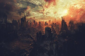 Dystopian Horizon Ruined Cityscape in Post-Apocalyptic World, Digital Art, Future Desolation Theme