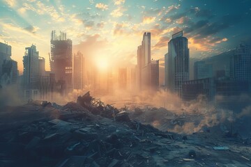 Dystopian Horizon Ruined Cityscape in Post-Apocalyptic World, Digital Art, Future Desolation Theme