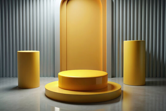 Immersive 3D Room: Realistic Yellow Cylinder Podium for Product Showcase Presentation