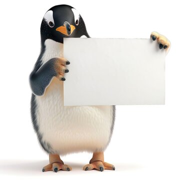 Penguin holding white board on a white background.