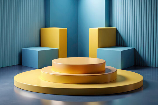 Immersive 3D Room: Realistic Yellow Cylinder Podium for Product Showcase Presentation