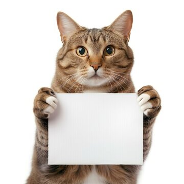 Cat holding white board on a white background.