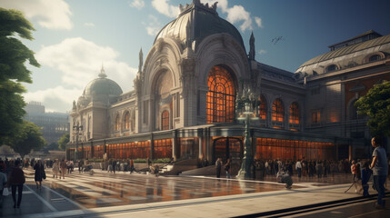 A  train terminal exterior with a grand architectural design and bustling street scene.