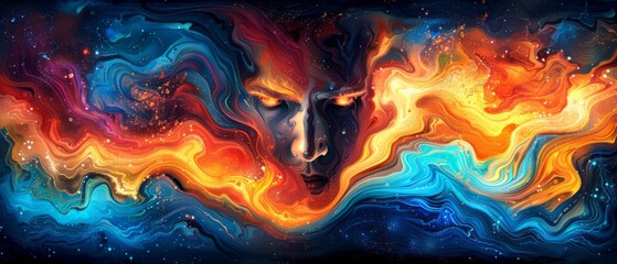  A colorful portrait of a man's face with background stars and swirls