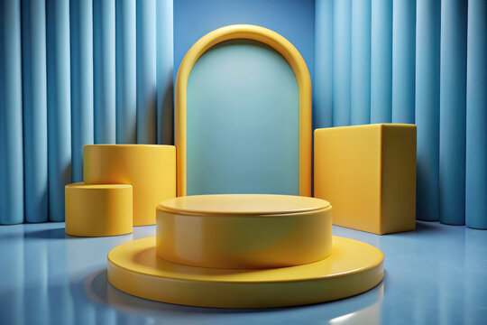 Immersive 3D Room: Realistic Yellow Cylinder Podium for Product Showcase Presentation