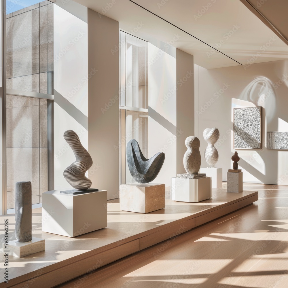 Aufkleber sunlit art gallery interior showcasing a collection of abstract sculptures on plinths with a minimal