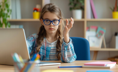 A smiling girl with glasses waving at a laptop screen, likely participating in an online class or virtual meeting.

