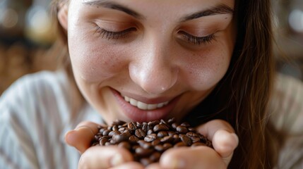 young woman smelling freshly roasted coffee beans with a happy expression