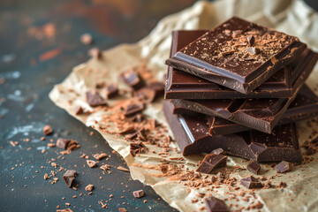 Stacked Dark Chocolate Bars on Rustic Background