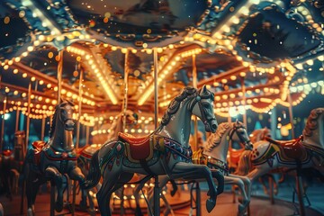 Fototapeta na wymiar Enchanted Carousel Vintage Carousel Horses Under Twinkling Lights, Digital Fantasy Illustration