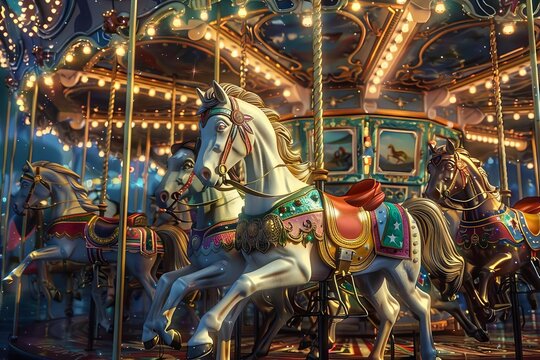 Enchanted Carousel Vintage Carousel Horses Under Twinkling Lights, Digital Fantasy Illustration
