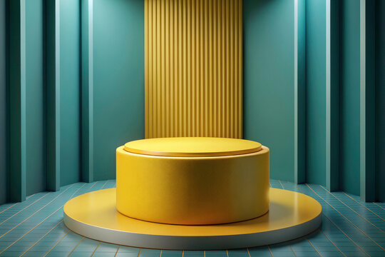 Immersive 3D Room: Realistic Yellow Cylinder Podium for Product Showcase Presentation