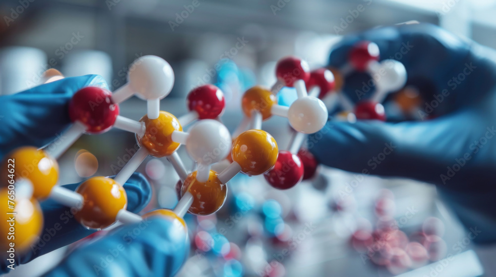 Poster close-up of a scientist's hands holding a molecular structure model in a research laboratory setting