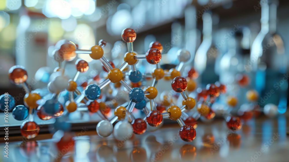 Poster vibrant molecular models representing complex chemical structures on a lab bench.