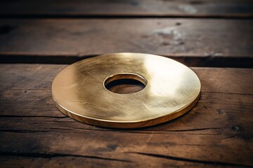 An intricately crafted brass washer showcased on a rustic table in an old-fashioned workshop - obrazy, fototapety, plakaty