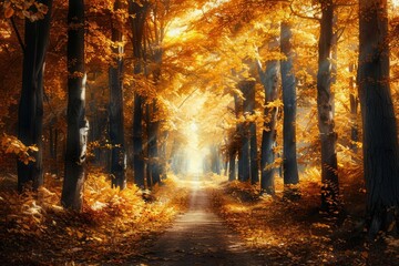 Eternal Autumn Timeless Forest Path Lined with Golden Leaves, Digital Art Autumnal Theme