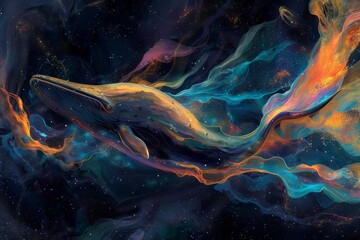 Eternal Dance of the Cosmic Whales - Abstract Digital Painting of Space and Underwater Fantasy - obrazy, fototapety, plakaty