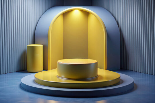 Immersive 3D Room: Realistic Yellow Cylinder Podium for Product Showcase Presentation - Powered by Adobe