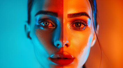 A female high fashion model in bright neon lights poses in a studio. Portrait of a beautiful girl in ultraviolet rays. A woman is a high fashion model in colorful bright lighting. Expressive eyes