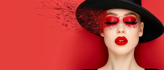 Foto op Aluminium  A woman wearing red makeup and a hat with blood stains on her face, with her eyes shut © Wall