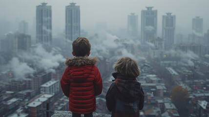 children aged 4 and 5 look at the sky and see smog, urban scenery, city in smog observed by children,generative ai - obrazy, fototapety, plakaty