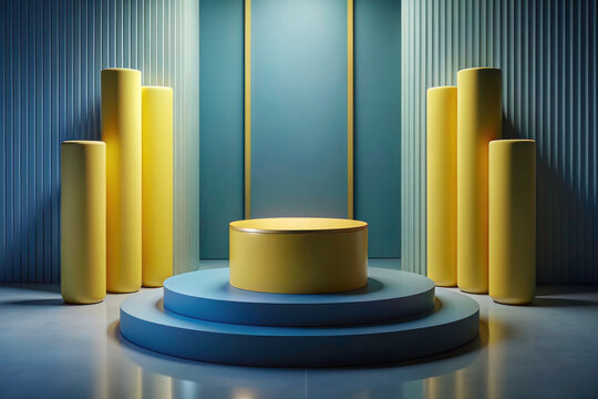 Immersive 3D Room: Realistic Yellow Cylinder Podium for Product Showcase Presentation