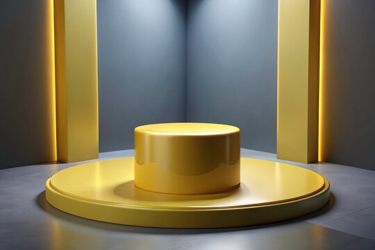 Immersive 3D Room: Realistic Yellow Cylinder Podium for Product Showcase Presentation