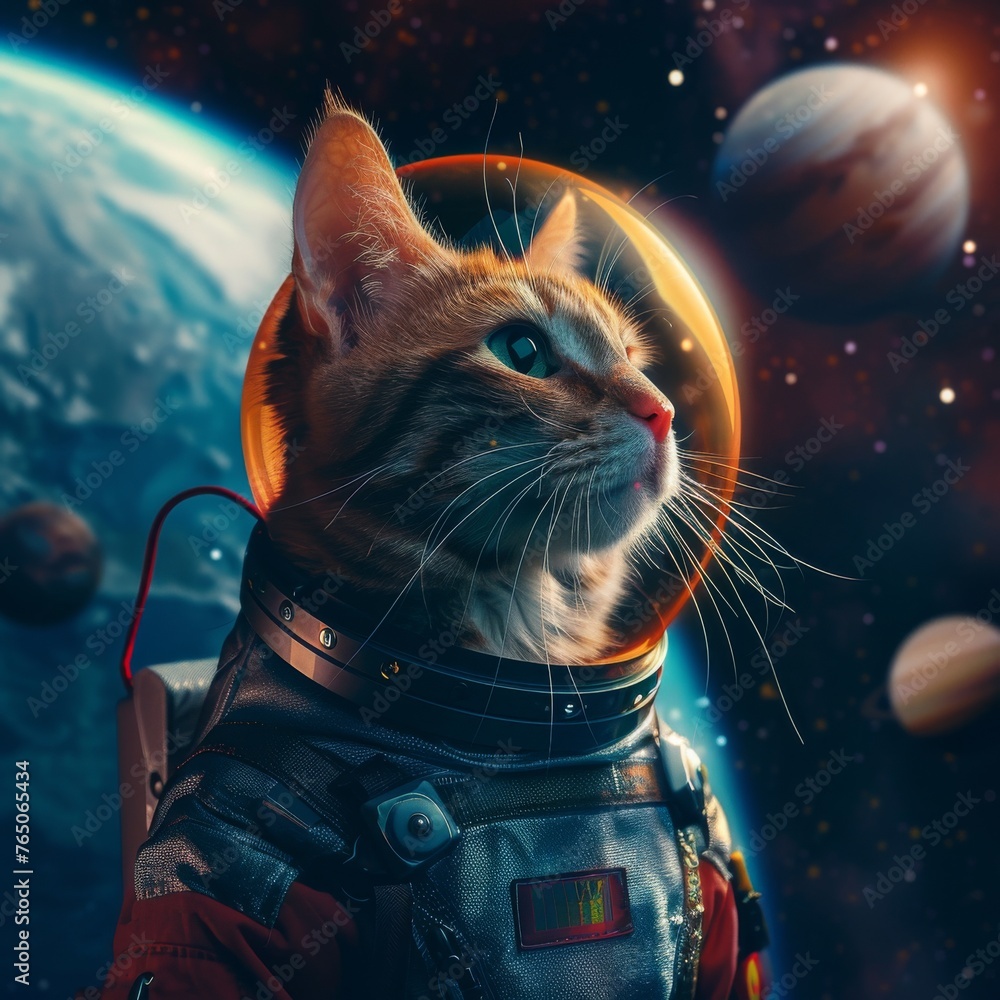 Poster an imaginative portrayal of a cat astronaut floating in space with a reflective helmet, surrounded b