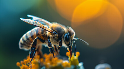Close-up of a honeybee gathering nectar on vibrant flowers, with a warm, bokeh light illuminating the tranquil scene. - obrazy, fototapety, plakaty