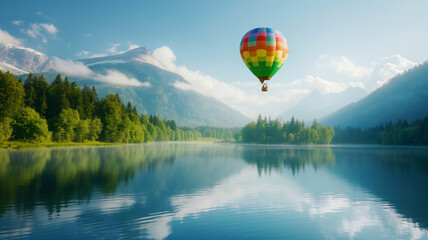 Colorful hot air balloon floats over a serene lake reflecting mountains and trees under a clear blue sky in a picturesque landscape.