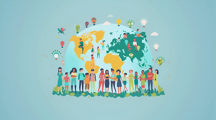 Obraz premium A diverse group of illustrated people encircles a large globe with growing trees ,flat design of children around the earth