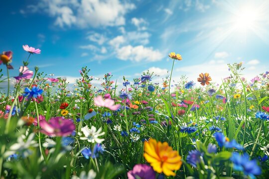 Illustration einer Blumenwiese im Sommer mit Sonnenschein 