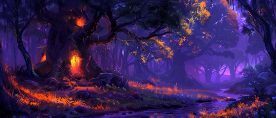  A well-painted image of a forest featuring a stream in the front and a blazing fire at its heart