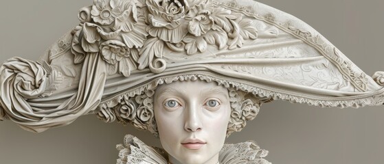  Close-up photo of female statue in hat with flowers & butterfly on forehead