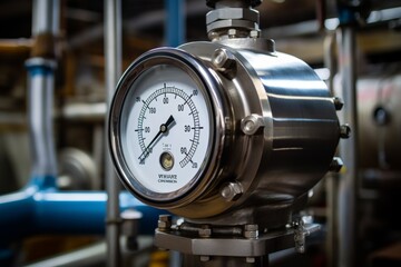 Pressure gauge in focus within a bustling industrial environment featuring steam and metal machinery